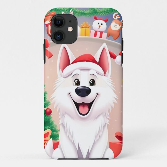 Funda De Case-Mate Para iPhone Perro Blanco con Gorro de Santa (Reverso)