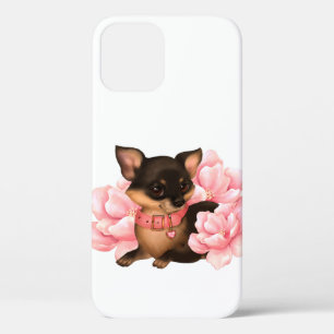 Funda Para iPhone 12 Perro chihuahua lindo con flores rosadas