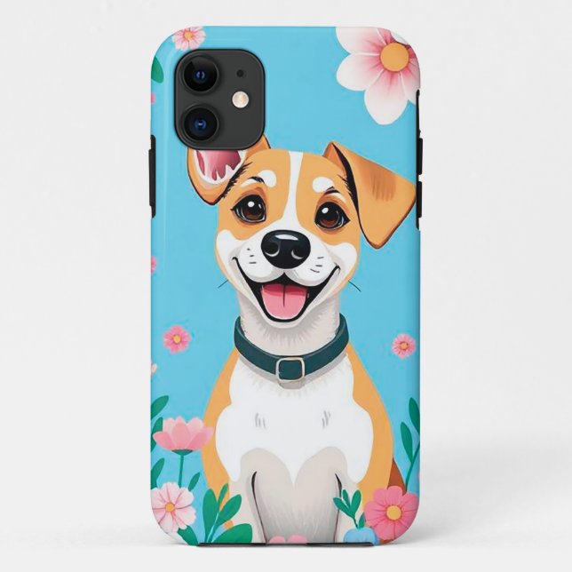 Funda De Case-Mate Para iPhone Perro de caricatura sonriente rodeado de flores (Reverso)