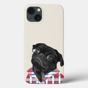 Funda Para iPhone 13 Perro De Pug Negro Con Gafas Y Chequera