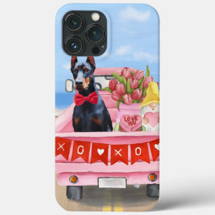 Funda Para iPhone 13 Pro Max Perro Doberman Día de San Valentín Camión Corazone