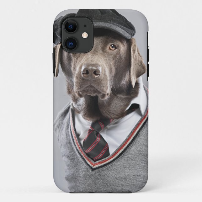 Funda De Case-Mate Para iPhone Perro en suéter y casquillo (Reverso)