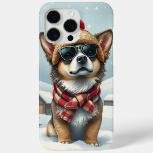 Funda Para iPhone 15 Pro Max Perro Guay con atuendo y Gorra de invierno precoz