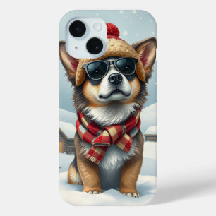 Funda Para iPhone 15 Perro Guay con atuendo y Gorra de invierno precoz