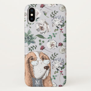 Funda Para iPhone X Perro hipster marrón con flores y monograma