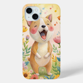 Funda Para iPhone 15 Mini Perro lindo cantando con flores