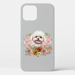 Funda Para iPhone 12 Perro maltés con flores, cachorro maltés dulce