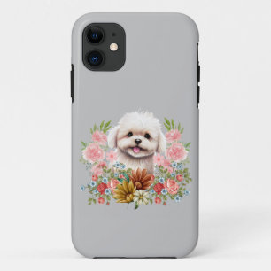 Funda Para iPhone 11 Perro maltés con flores, cachorro maltés dulce