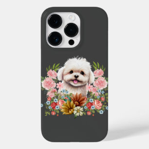 Funda Para iPhone 14 Pro De Case-Mate Perro maltés con flores, cachorro maltés dulce