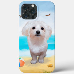 Funda Para iPhone 13 Pro Max Perro maltés en la playa