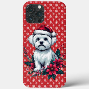 Funda Para iPhone 13 Pro Max Perro maltés floral festivo con perro de navidad d