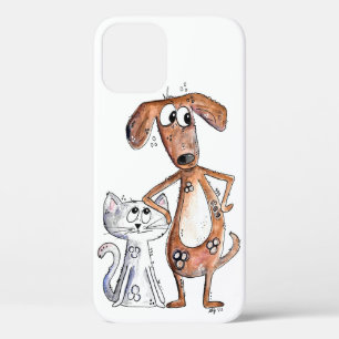 Funda Para iPhone 12 Perro marrón alegre y gato gris