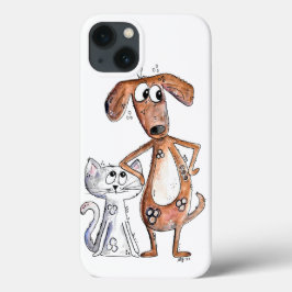 Funda Para iPhone 13 Perro marrón alegre y gato gris