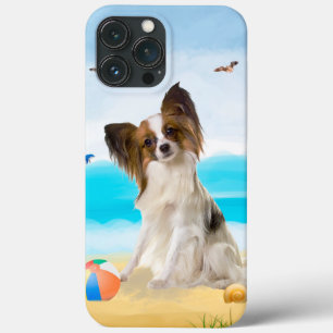 Funda Para iPhone 13 Pro Max Perro Papillon en la playa