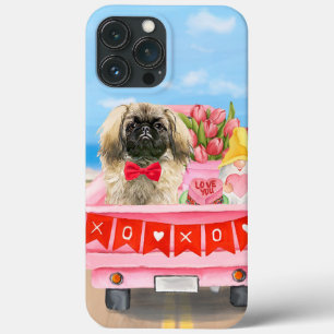 Funda Para iPhone 13 Pro Max Perro Pequinés Camión De Corazones Del Día De San
