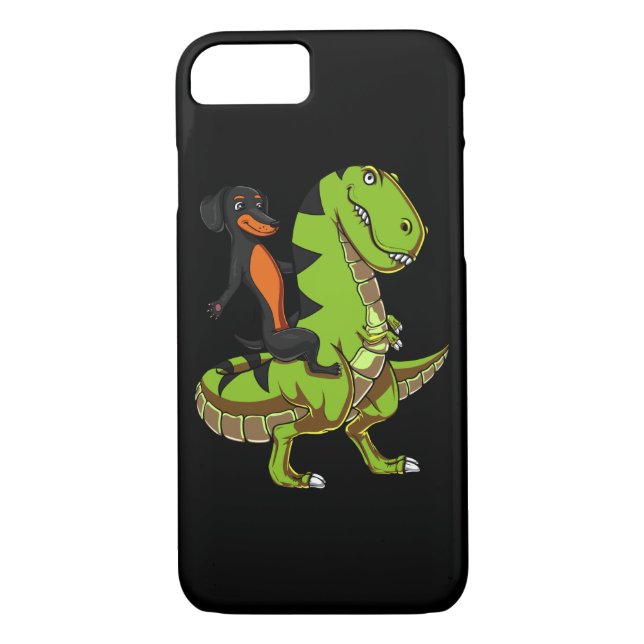 Funda De Case-Mate Para iPhone Perro vienés Dachshund montando dinosaurio T-Rex (Reverso)