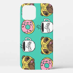 Funda Para iPhone 12 Perros divertidos, donuts, patrón de café.