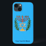 Funda Para iPhone 13 Persian Magen David Menorah<br><div class="desc">This image was adapted from an antique Persian Jewish tile and features a menorah with a Magen David (Star of David) framed by olive branches.  The imperfections of the original,  hand-painted image have been preserved. Add your own text.</div>