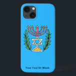 Funda Para iPhone 13 Persian Magen David Menorah<br><div class="desc">This image was adapted from an antique Persian Jewish tile and features a menorah with a Magen David (Star of David) framed by olive branches.  The imperfections of the original,  hand-painted image have been preserved. Add your own text.</div>