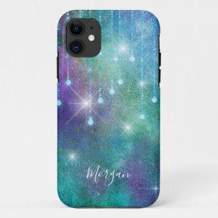 Funda Para iPhone 11 Personaliza nombre, morado y azul turquesa, luces 