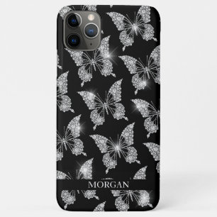 Funda Para iPhone 11 Pro Max Personaliza nombre, patrón de mariposa de diamante