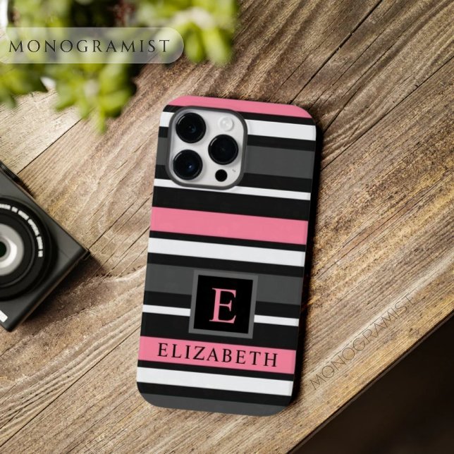 Funda De Case-Mate Para iPhone Personalizable Black Pink Gray White Stripes (Customizable Black Pink Grey White Stripes Case-Mate iPhone Case)
