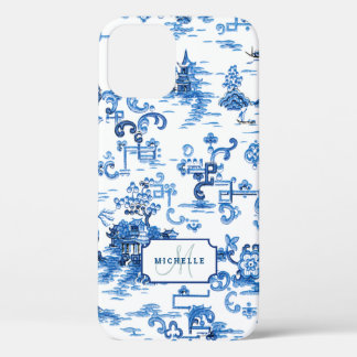 Funda Para iPhone 12 Personalizable Blue and White Pagoda Chinoiserie