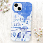 Funda Para iPhone 14 De Case-Mate Personalización de la acuarela de la isla griega S<br><div class="desc">Paisaje urbano azul y blanco basado en Oia,  en la isla griega de Santorini. Cambie el nombre a personalizar. Arte original de Nic Squirrell.</div>