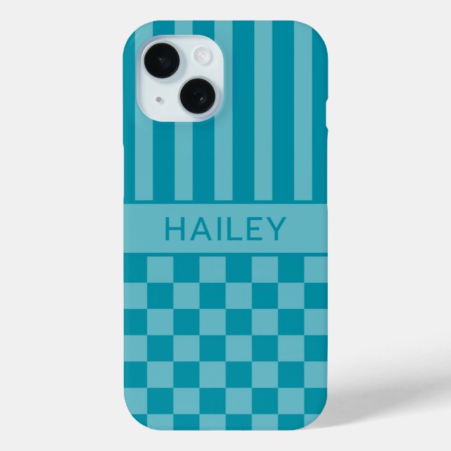 Funda De Case-Mate Para iPhone Personalizado a cuadros y rayas verde azulado (Reverso )
