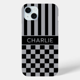 Funda Para iPhone 15 Mini Personalizado a rayas y cuadros negros y grises