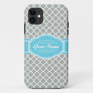 Funda Para iPhone 11 Personalizado Aqua y Quatrefoil marroquí gris plat