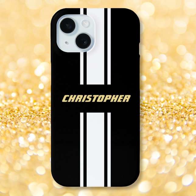 Funda De Case-Mate Para iPhone Personalizado Bandas de Carreras Blanca Negra Band (Custom Black White Racing Stripes Gold Monogrammed Case-Mate iPhone Case)