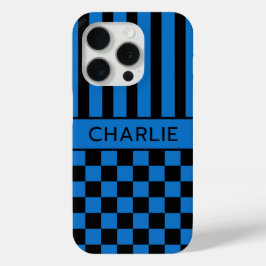 Funda Para iPhone 15 Pro Personalizado con Cuadros Negros y Azules Rayados