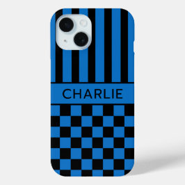 Funda Para iPhone 15 Personalizado con Cuadros Negros y Azules Rayados