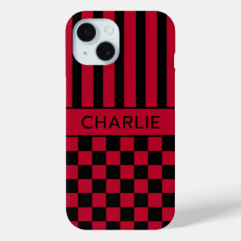 Funda Para iPhone 15 Personalizado con Cuadros Negros y Rojos