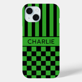 Funda Para iPhone 15 Personalizado con Cuadros Negros y Verdes Rayados
