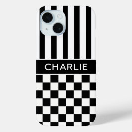 Funda Para iPhone 15 Personalizado con Cuadros y Rayas en Blanco y Negr