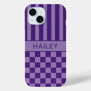Funda Para iPhone 15 Personalizado con Cuadros y Rayas Moradas