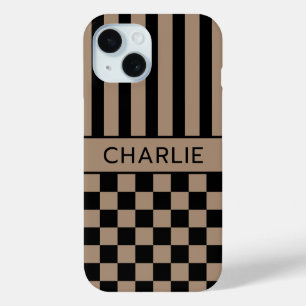 Funda Para iPhone 15 Personalizado con Cuadros y Rayas Negro y Marrón