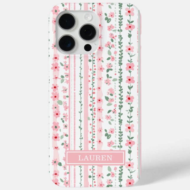 Funda De Case-Mate Para iPhone Personalizado con flores rayas rosadas (Reverso )