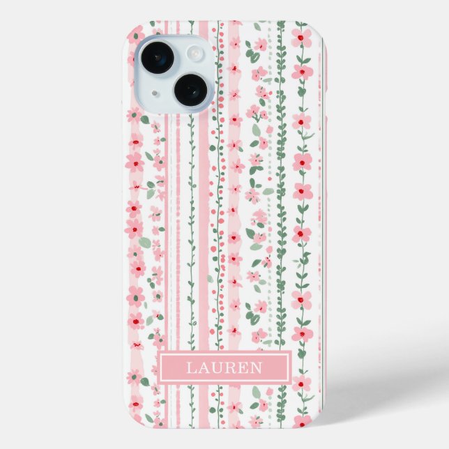 Funda De Case-Mate Para iPhone Personalizado con flores rayas rosadas (Reverso )