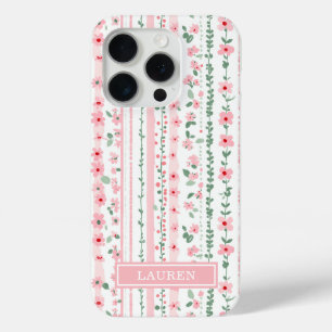 Funda Para iPhone 15 Pro Personalizado con flores rayas rosadas