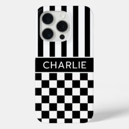 Funda Para iPhone 15 Pro Personalizado con rayas a cuadros negras y blancas