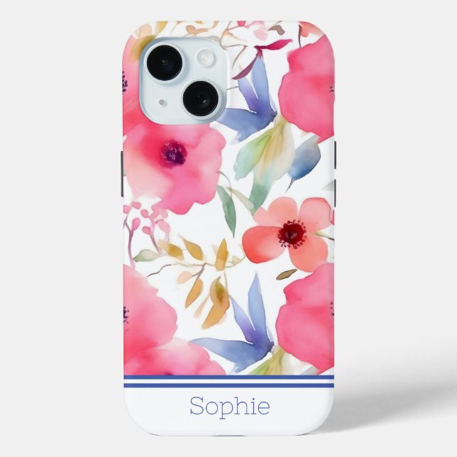 Funda De Case-Mate Para iPhone Personalizado de acuarela floral rosa y azul (Reverso )