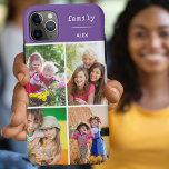 Funda Para iPhone 11 Pro Max Personalizado de Collage de fotos Púrpura Familiar<br><div class="desc">Cree su propio estuche para teléfono personalizado para iphone 11 pro max y muchos otros modelos. El diseño presenta un collage de fotos en forma de cuadrícula con 4 de tus fotos favoritas, tu nombre y la palabra "familia". La plantilla de fotos está preparada para que añadas tus fotos, trabajando...</div>