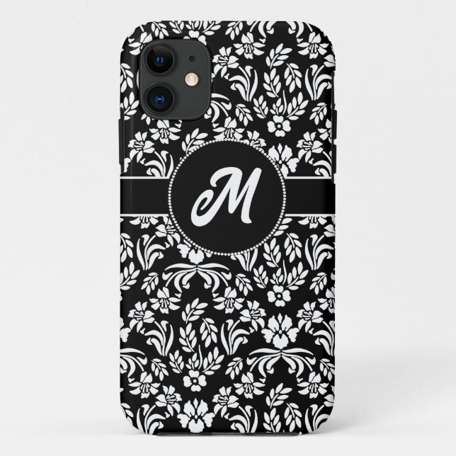 Funda De Case-Mate Para iPhone Personalizado de damasco floral blanco y negro (Reverso)