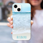 Funda Para iPhone 15 Personalizado de fotos de las olas de Ocean Beach<br><div class="desc">Relájese mientras recuerda ver las olas entrar y salir. Respire, explore y disfrute de la soledad de una playa vacía de California con este impresionante estuche de teléfono celular de nombre personalizado de fotografía de espuma azul pastel y blanco. Hace un gran regalo para alguien especial! Simplemente teclee el nombre...</div>