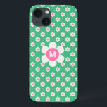 Funda Para iPhone 13 Personalizado de monograma Retro Daisies Pink and<br><div class="desc">Una margarita retro alegre y luminosa en tonos verde y rosa perrito. Este diseño se puede personalizar con una letra monograma. Un gran regalo personalizado para un adolescente o para los jóvenes de corazón.</div>