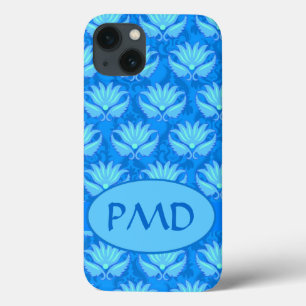 Funda Para iPhone 13 Personalizado de Monograma Turquesa Azul Damask Mo