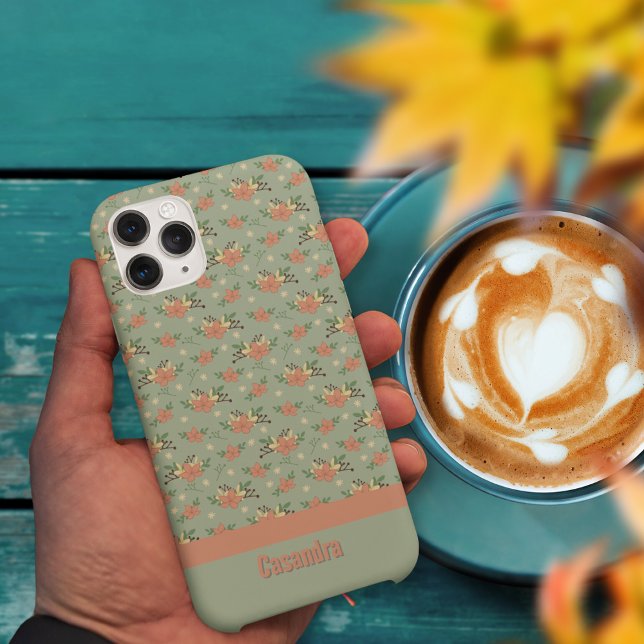Funda De Case-Mate Para iPhone Personalizado de patrón verde otoñal retro (Retro floral Autumn green pattern custom Case-Mate iPhone Case)